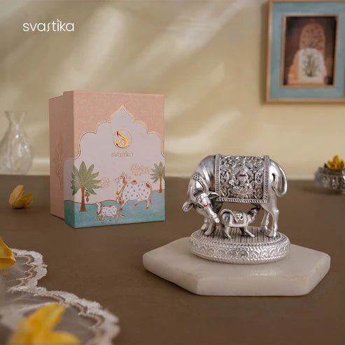 Silver plated Kamdhenu Cow with Calf Idol