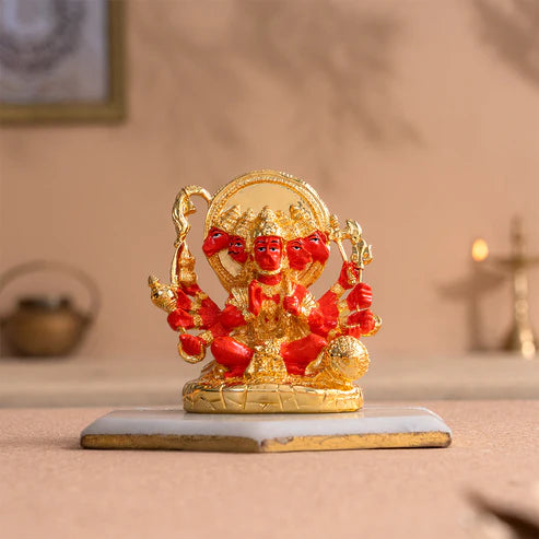 Panchmukhi Hanuman Statue With Orange Enamel - Gold Plated