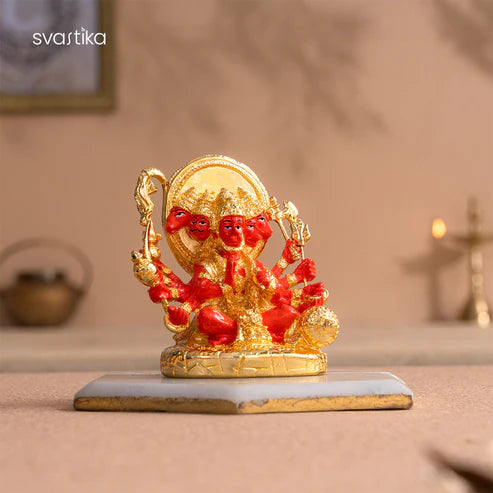 Panchmukhi Hanuman Statue With Orange Enamel - Gold Plated